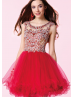 Red Tulle Beaded Scoop Neckline Sheer Back Knee Length Prom Dress